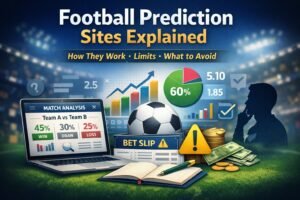 illustration explaining how football prediction sites work using data, probabilities, and match analysis