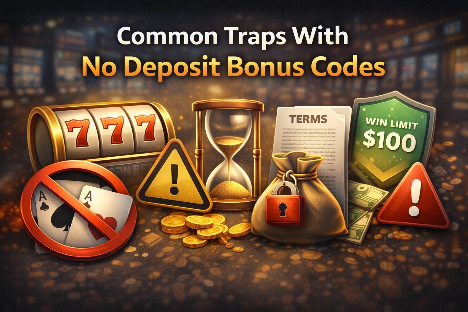 horizontal illustration showing common no deposit bonus traps including wagering requirements, time limits, cashout caps, excluded games, and warning symbols