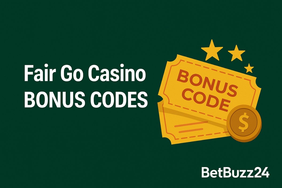 2D digital graphic showing Fair Go Casino bonus codes with yellow coupons, gold coin, and stars on a dark green background, branded with BetBuzz24.