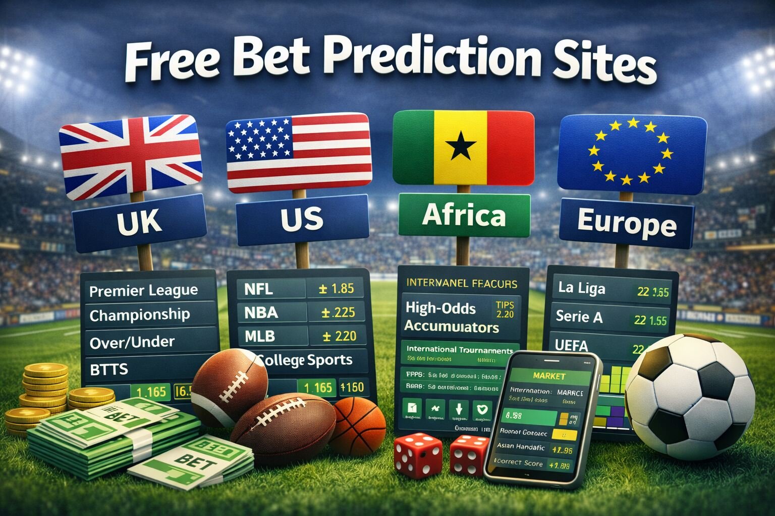 Free bet prediction sites by region showing UK, US, Africa, and Europe with football leagues, betting markets, and daily sports prediction styles