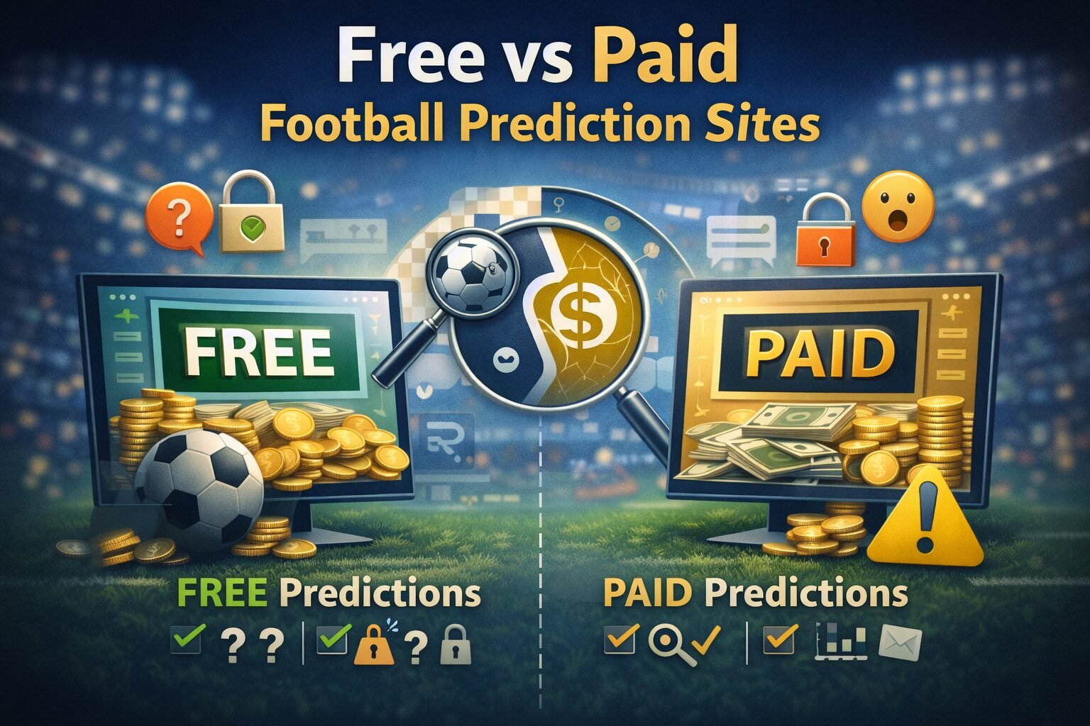 illustration comparing free and paid football prediction sites, showing differences in access, structure, and limitations
