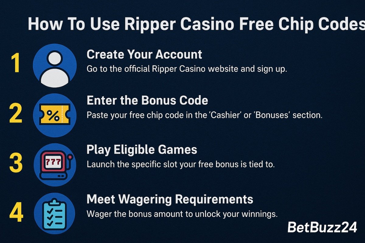 Educational infographic showing four steps to use Ripper Casino free chip codes, including account signup, entering bonus codes, playing eligible games, and meeting wagering requirements, with BetBuzz24 branding.