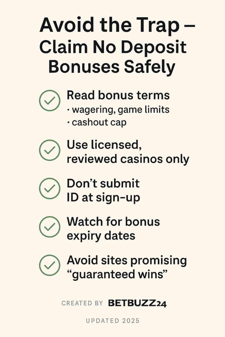 Infographic by BetBuzz24 listing safe steps to claim no deposit casino bonuses in 2025, including reading terms, using licensed sites, and avoiding ID traps