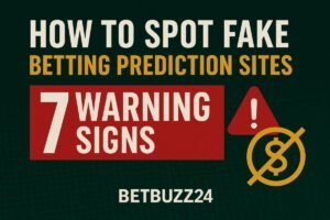 Bold graphic highlighting 7 warning signs of fake betting prediction sites, including a red alert symbol and crossed-out dollar icon, created for BetBuzz24