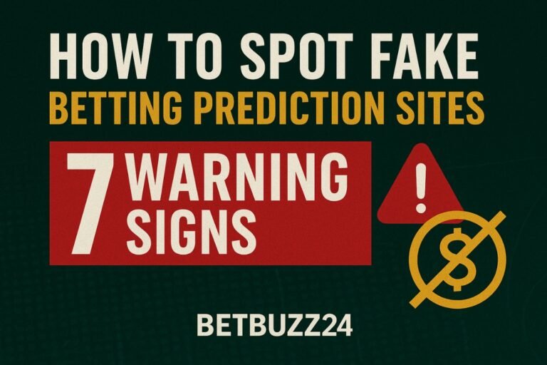 Bold graphic highlighting 7 warning signs of fake betting prediction sites, including a red alert symbol and crossed-out dollar icon, created for BetBuzz24