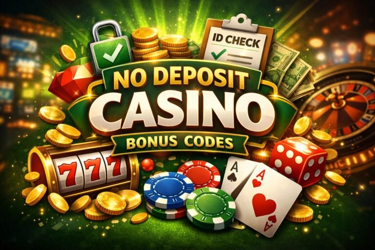 illustration showing no deposit casino bonus codes with slot games, chips, and verification icons, representing how no deposit bonuses work