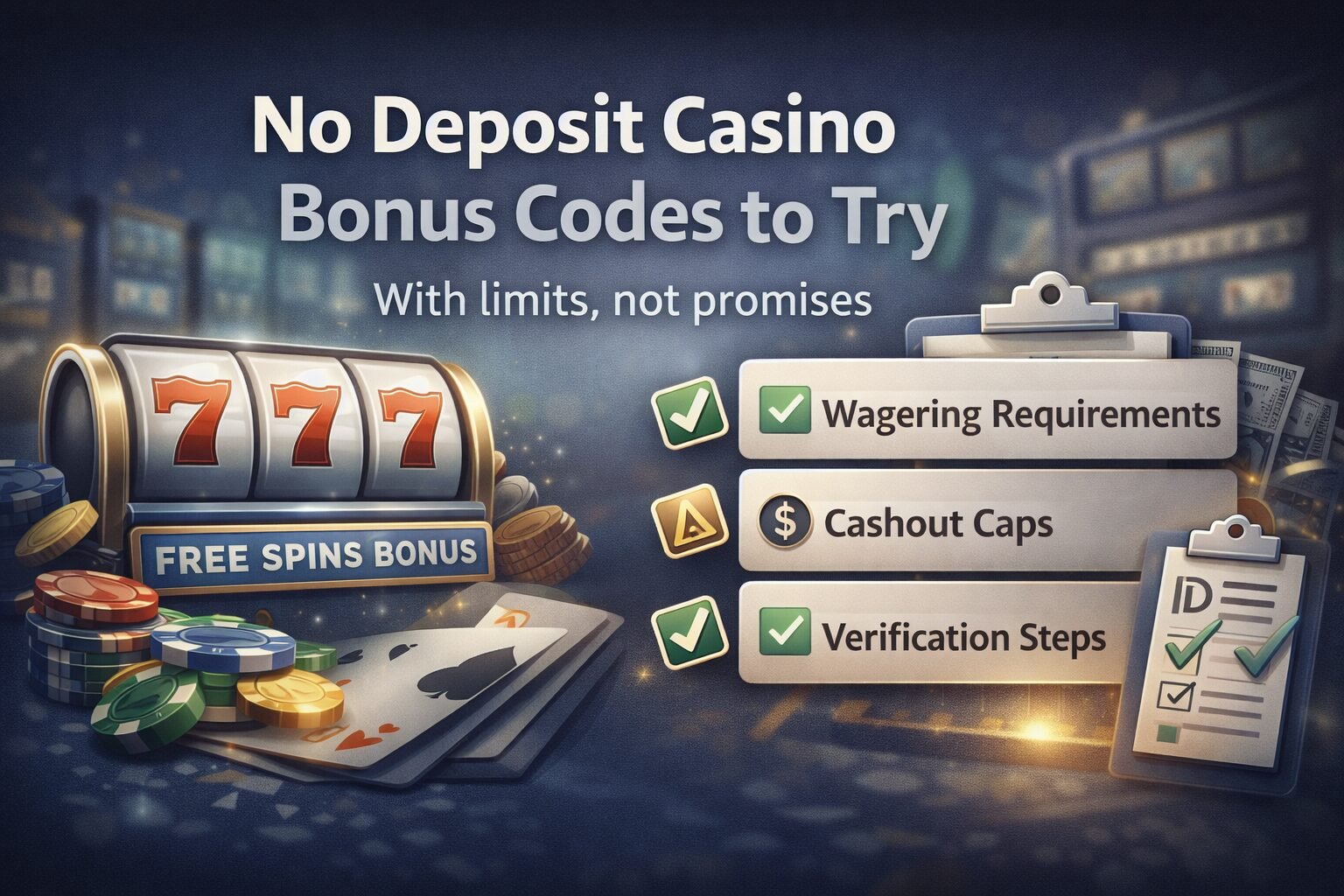 horizontal illustration showing no deposit casino bonus codes, free spins, wagering requirements, cashout caps, and verification steps