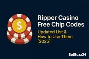 Promotional banner for Ripper Casino showing free chip bonus codes and no deposit offer for 2025, with BetBuzz24 branding and slot machine visuals.