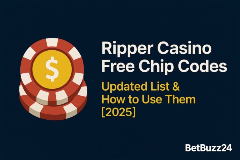 Promotional banner for Ripper Casino showing free chip bonus codes and no deposit offer for 2025, with BetBuzz24 branding and slot machine visuals.