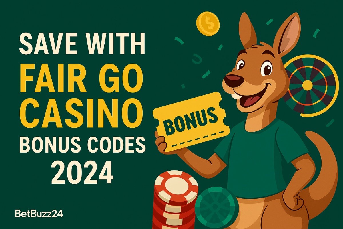Illustration of Fair Go Casino’s 2024 bonus codes featuring a smiling kangaroo holding a coupon, surrounded by poker chips and casino elements, branded by BetBuzz24.