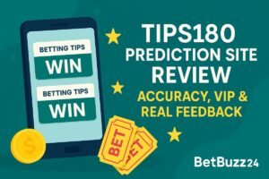 Flat digital illustration showing a smartphone with betting tips marked "WIN", alongside a review title highlighting Tips180's accuracy, VIP section, and real user feedback, created by BetBuzz24.