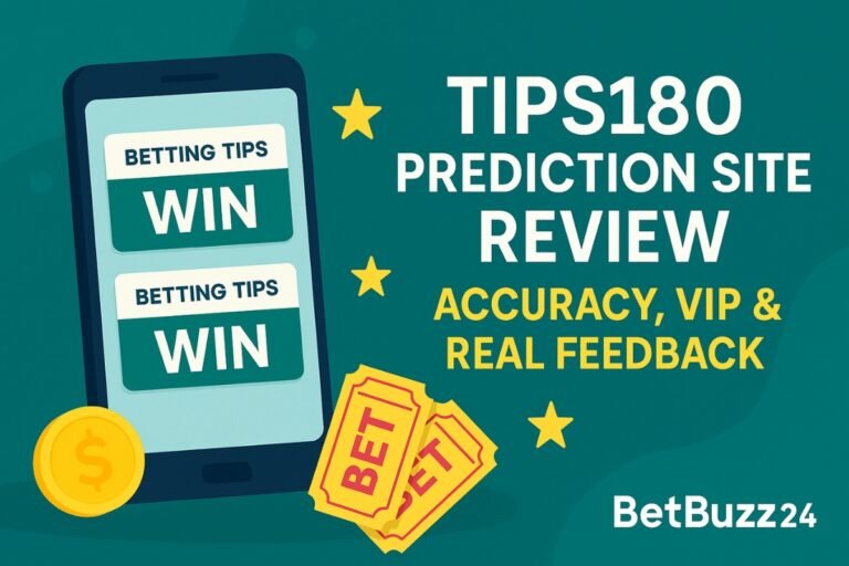 Flat digital illustration showing a smartphone with betting tips marked "WIN", alongside a review title highlighting Tips180's accuracy, VIP section, and real user feedback, created by BetBuzz24.