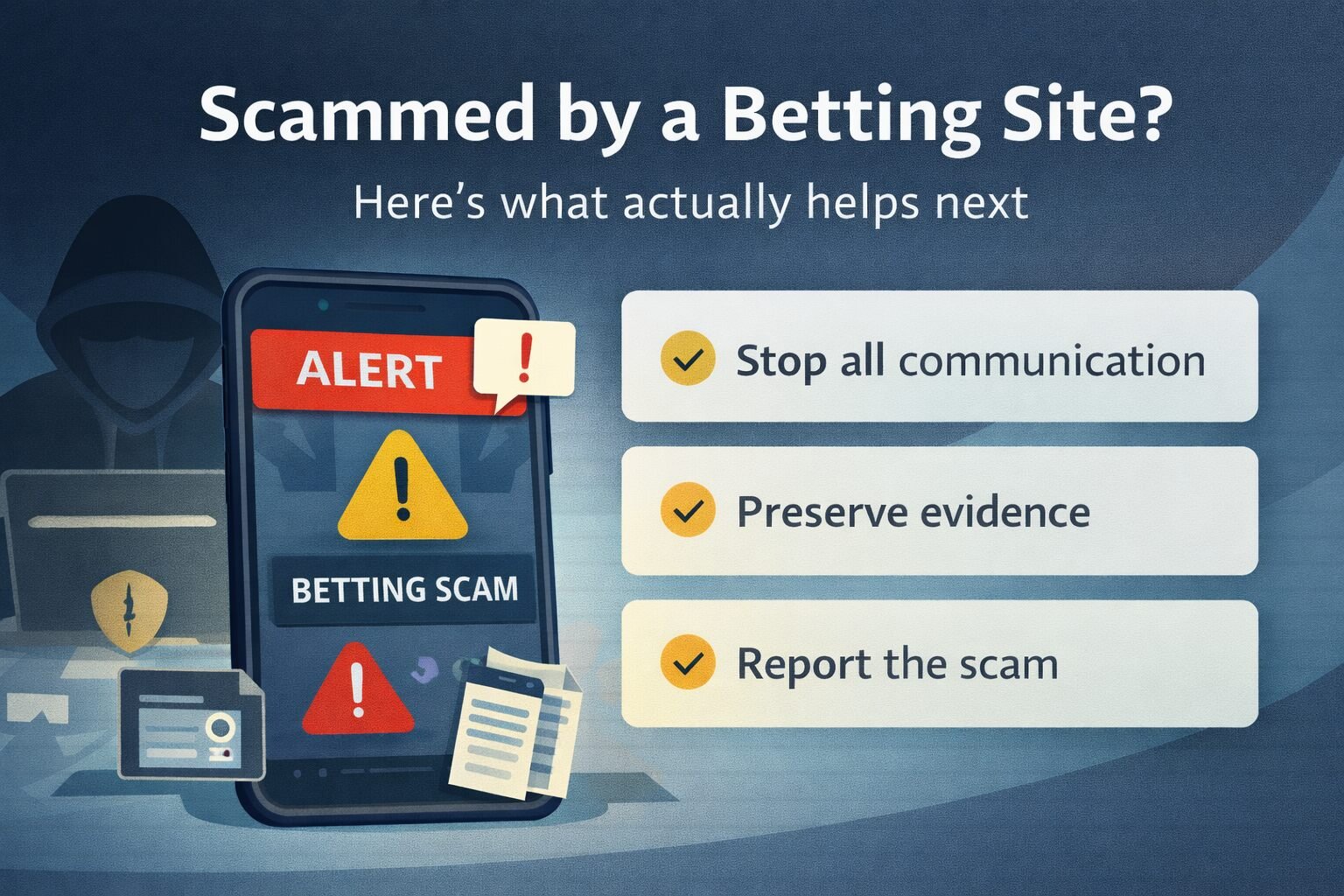 illustration showing steps to take after being scammed by a fake betting site, including stopping communication, preserving evidence, and reporting the scam