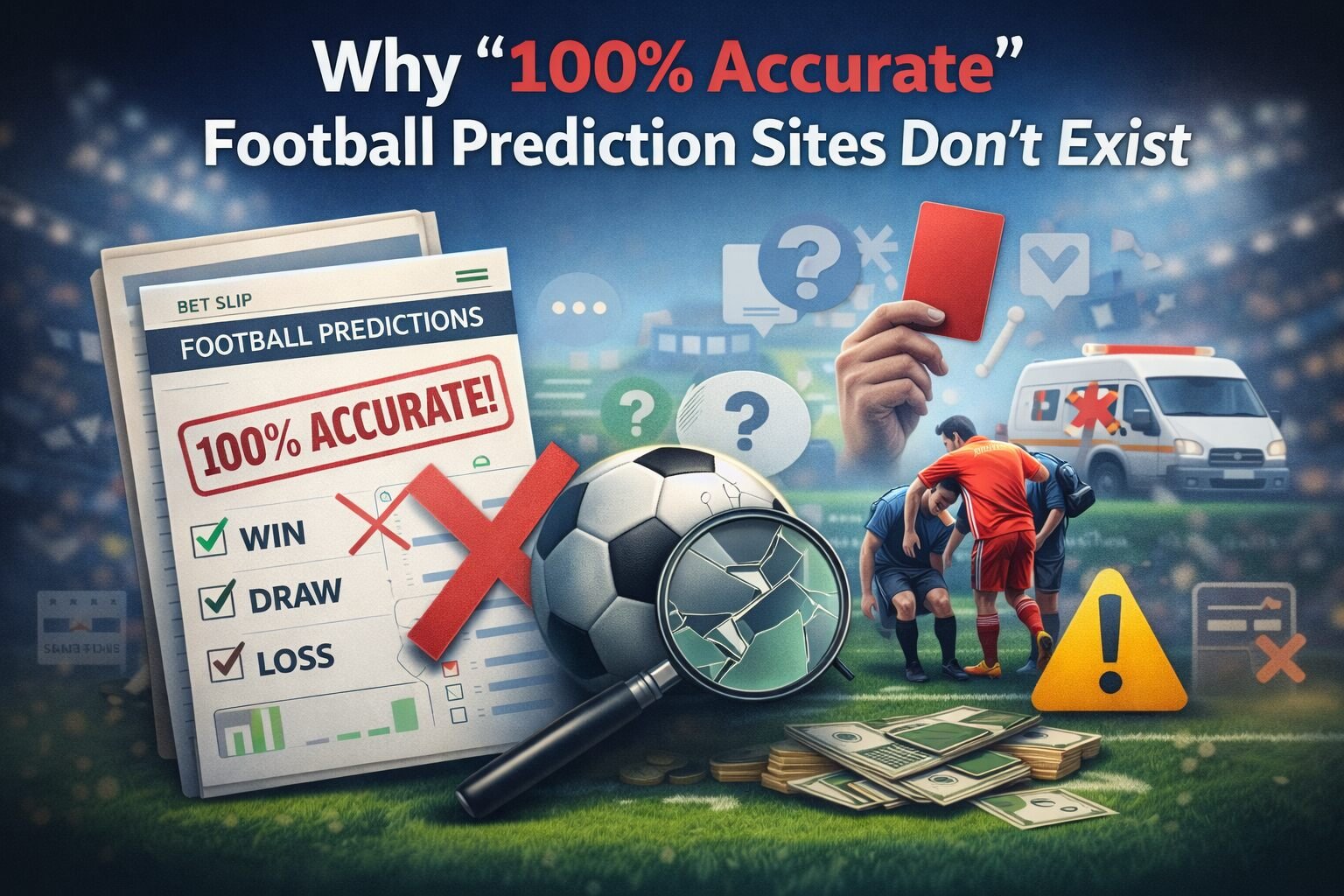 illustration explaining why 100 percent accurate football prediction sites do not exist, showing uncertainty and match variables