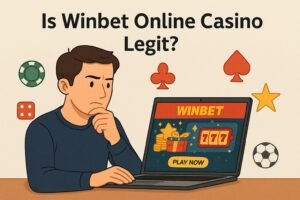 Illustration of a man thoughtfully analyzing the Winbet Online Casino website on his laptop, surrounded by gambling icons, with the headline “Is Winbet Online Casino Legit?” displayed above.