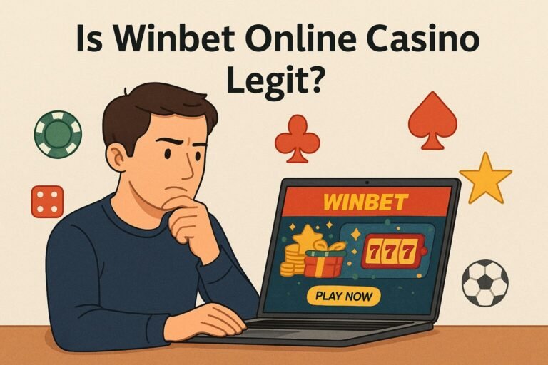 Illustration of a man thoughtfully analyzing the Winbet Online Casino website on his laptop, surrounded by gambling icons, with the headline “Is Winbet Online Casino Legit?” displayed above.
