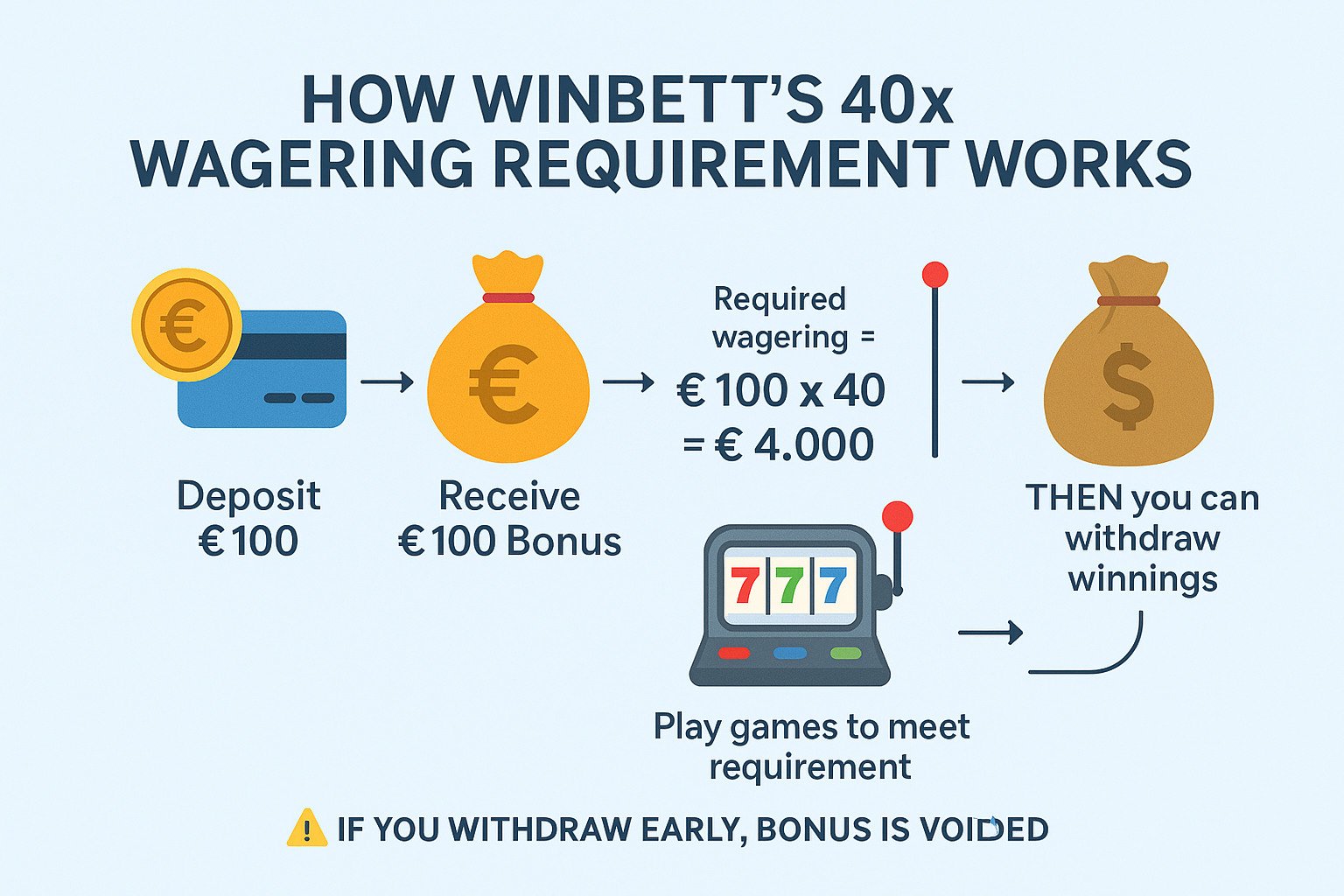 Infographic showing how Winbet’s 40x wagering requirement works, with icons for deposit, bonus, slot machine play, and a €4,000 wagering path before withdrawal is allowed.