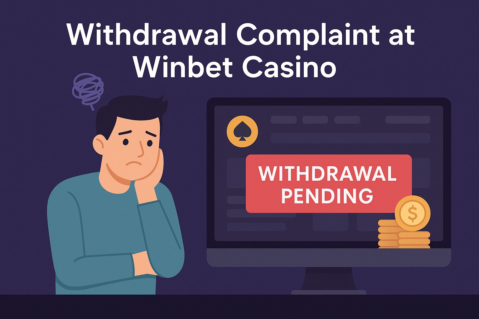 Flat digital illustration of a frustrated man facing a “Withdrawal Pending” notice on his Winbet Casino screen, representing common payout complaints from players.