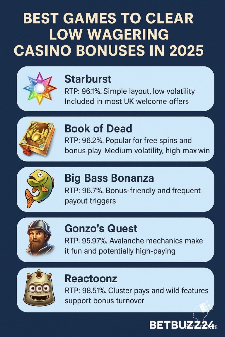 Infographic showing top slots for clearing low wagering casino bonuses in 2025, including Starburst, Book of Dead, Big Bass Bonanza, Gonzo's Quest, and Reactoonz, with RTP details and BetBuzz24 branding