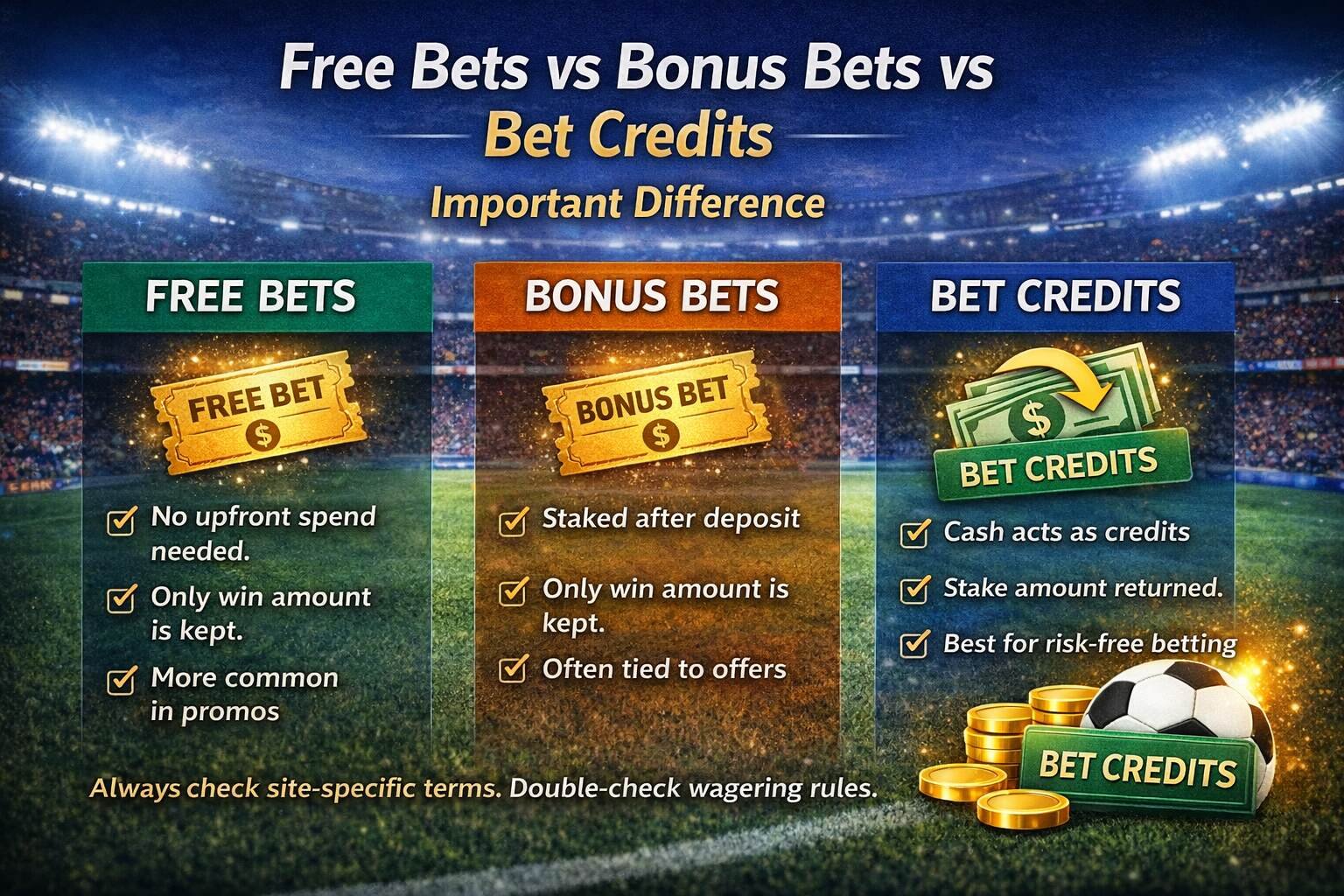 Comparison graphic explaining the difference between free bets, bonus bets, and bet credits, showing which returns the stake, which keeps only winnings, and which suits beginners or experienced bettors.