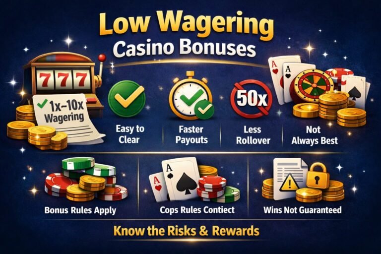 illustration showing low wagering casino bonuses with 1x–10x rollover, slot games, bonus rules, warnings, and no guaranteed wins