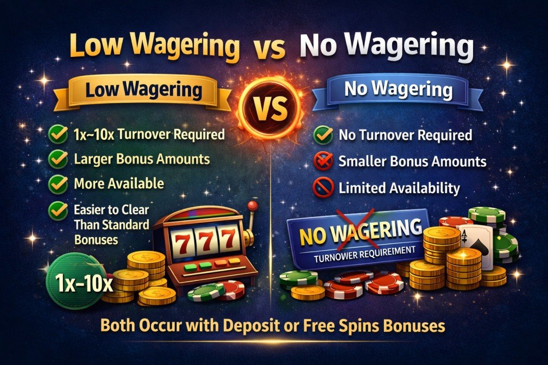 Low Wagering Casino Bonuses: What “Low Rollover” Really Means 2 horizontal comparison illustration showing low wagering versus no wagering casino bonuses, including rollover levels, bonus size differences, and withdrawal limits