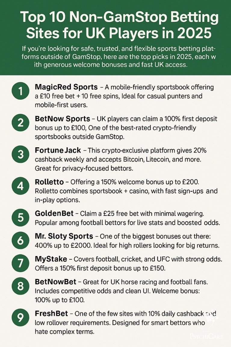 A visual list of the best non-GamStop betting sites for UK players in 2025, featuring top platforms like MagicRed, BetNow, FortuneJack, and more with bonus highlights.