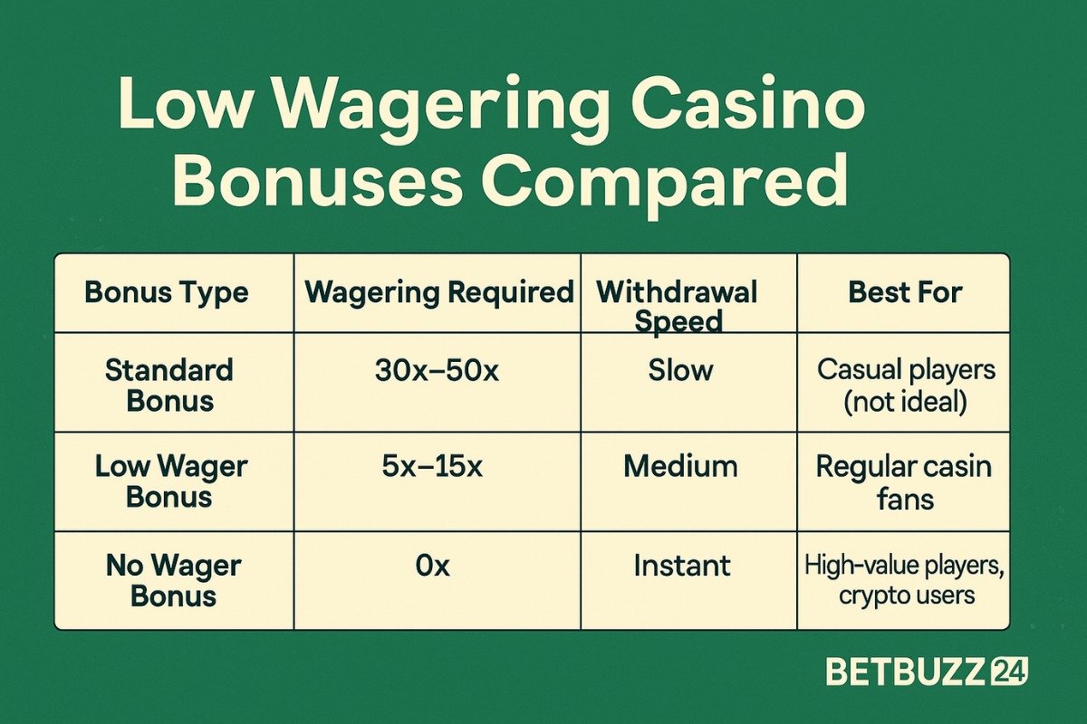 Visual comparison table listing top low wagering casinos with bonus types, wagering requirements, payout speed, and crypto support, created by BetBuzz24