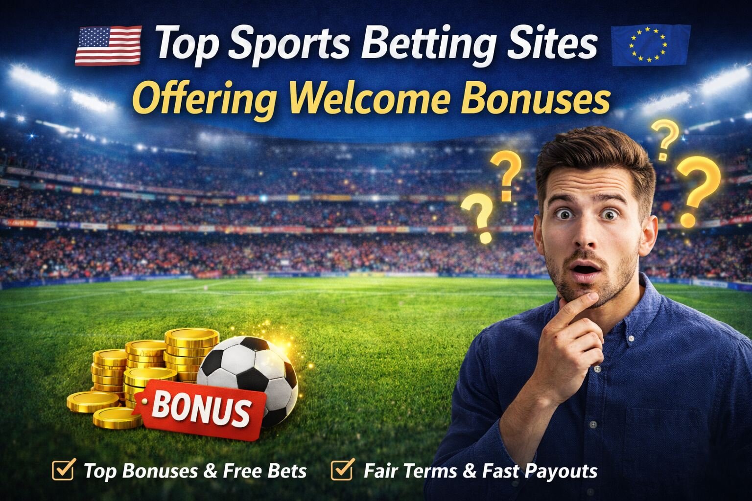 A curious sports bettor in a stadium with US, UK and EU flags, symbolising sports betting sites offering welcome bonuses