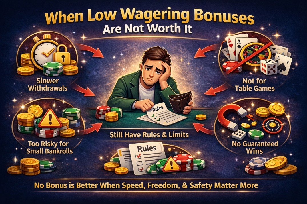 Low Wagering Casino Bonuses: What “Low Rollover” Really Means 3 horizontal illustration highlighting situations where low wagering casino bonuses may not be suitable, such as fast withdrawals, table games, and small bankrolls