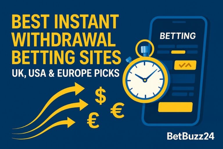 Digital graphic showing stopwatch, betting app, and currency symbols representing fast withdrawal betting sites in the UK, USA, and Europe – BetBuzz24 branding