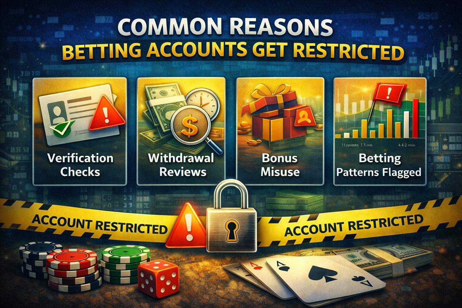 Visual explaining common reasons online betting accounts get restricted, including verification checks, withdrawal reviews, and betting pattern flags.