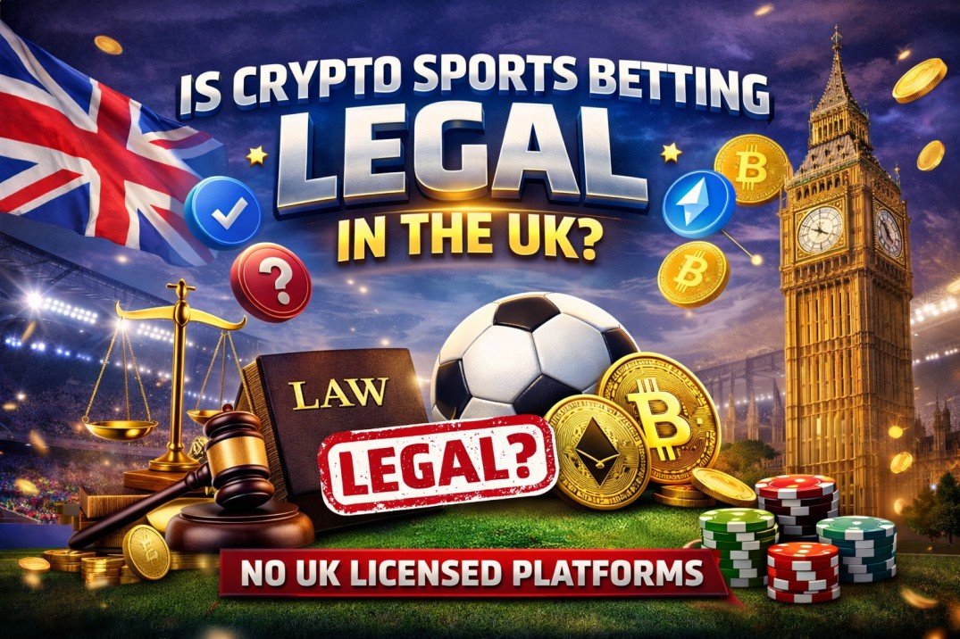 Visual explanation of the legal status of crypto sports betting in the UK, including offshore licensing, UK gambling laws, and player responsibilities