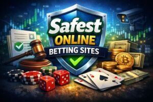 showing a list of the safest online betting sites with security icons, licensing symbols, and trusted bookmakers for secure betting.