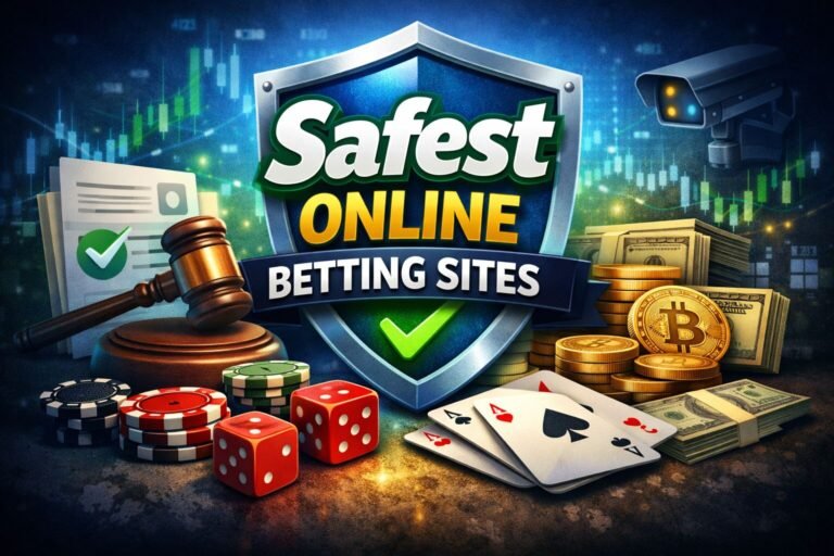 showing a list of the safest online betting sites with security icons, licensing symbols, and trusted bookmakers for secure betting.
