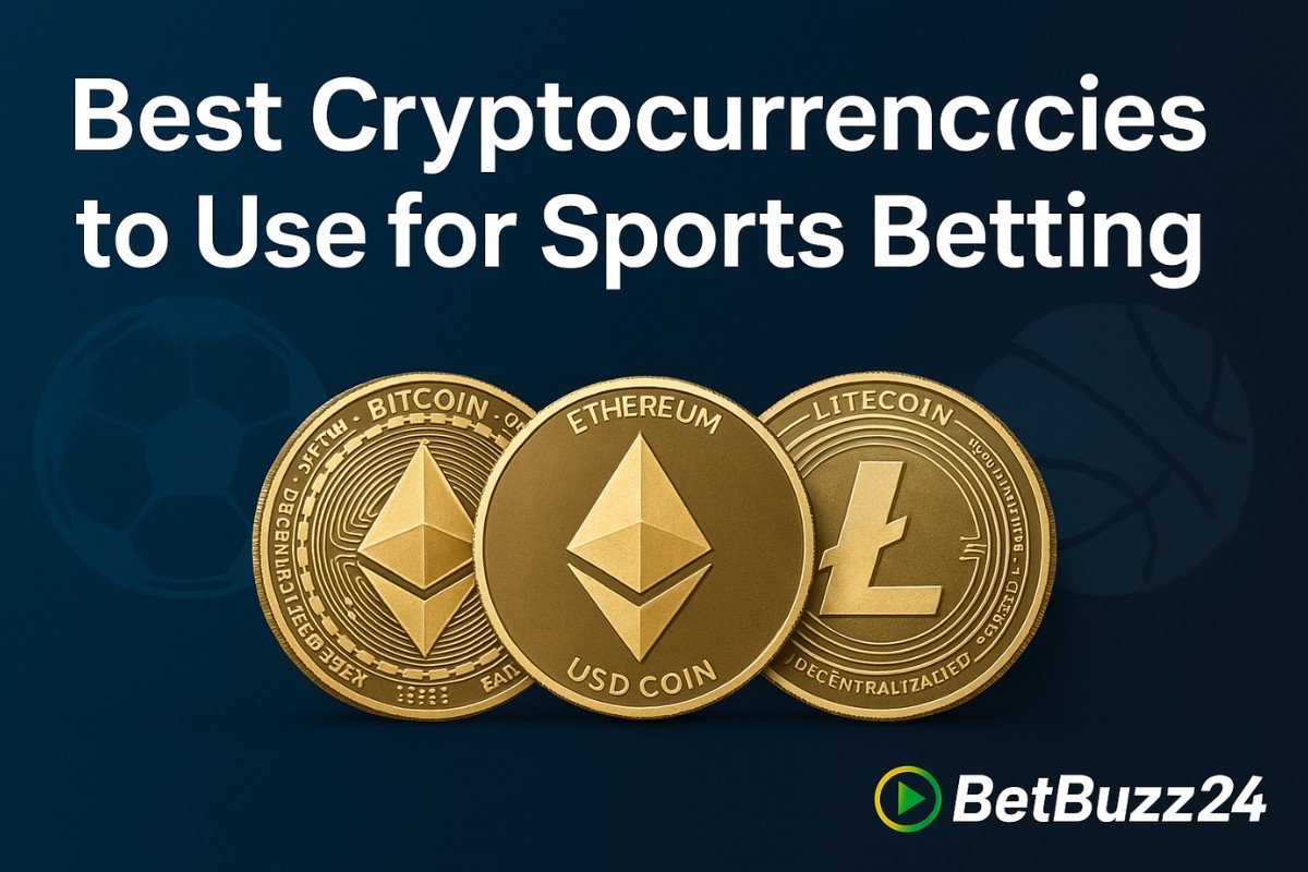 A visual guide showing the best cryptocurrencies to use for sports betting in 2025, including Bitcoin, Ethereum, USDT, Litecoin, and Dogecoin, with betting icons and coin symbols.