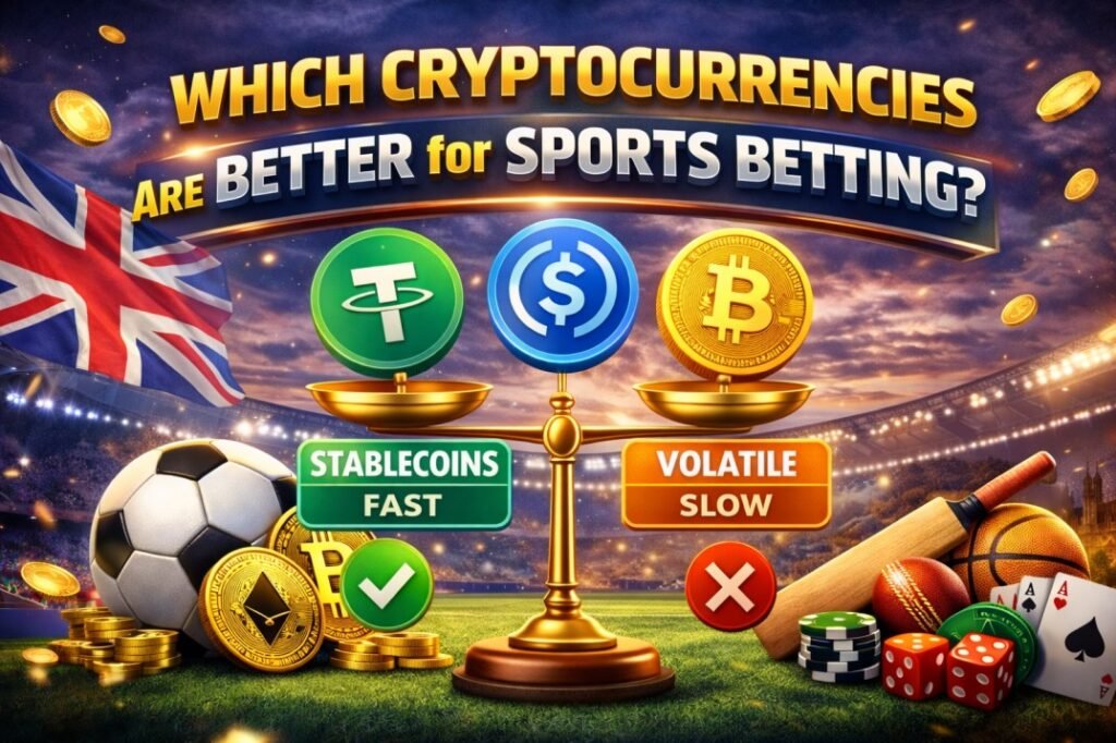 Infographic comparing cryptocurrencies used for sports betting, including Bitcoin, Ethereum, stablecoins, and faster blockchain alternatives