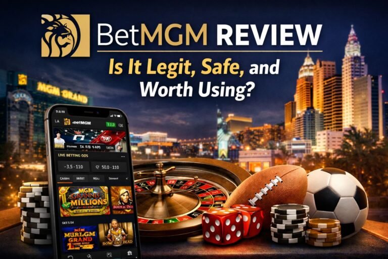 BetMGM review showing sportsbook, casino games, and betting interface