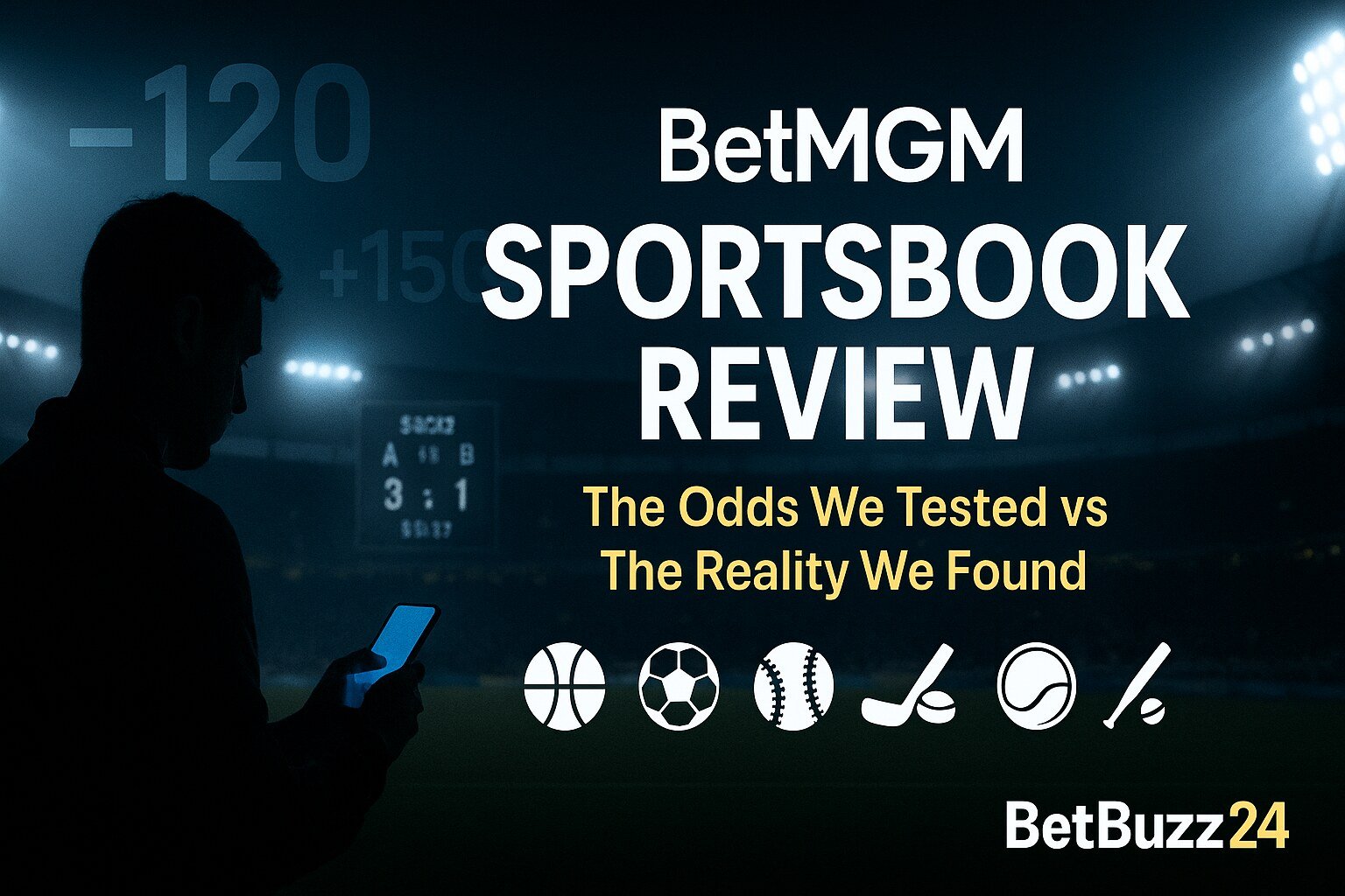 BetMGM Sportsbook Review 2025 banner showing bettor silhouette with glowing phone in a stadium, odds graphics, and sports icons with BetBuzz24 branding