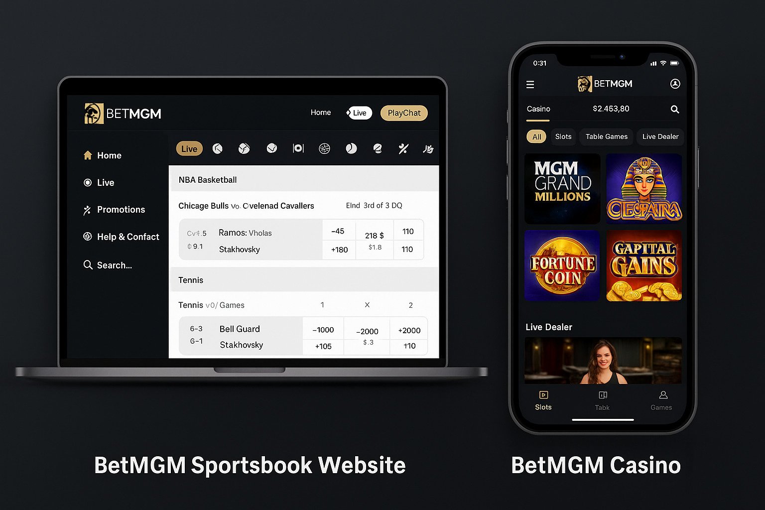BetMGM sportsbook website interface and BetMGM casino app mockup side by side showing live betting odds and slot games, reviewed by BetBuzz24