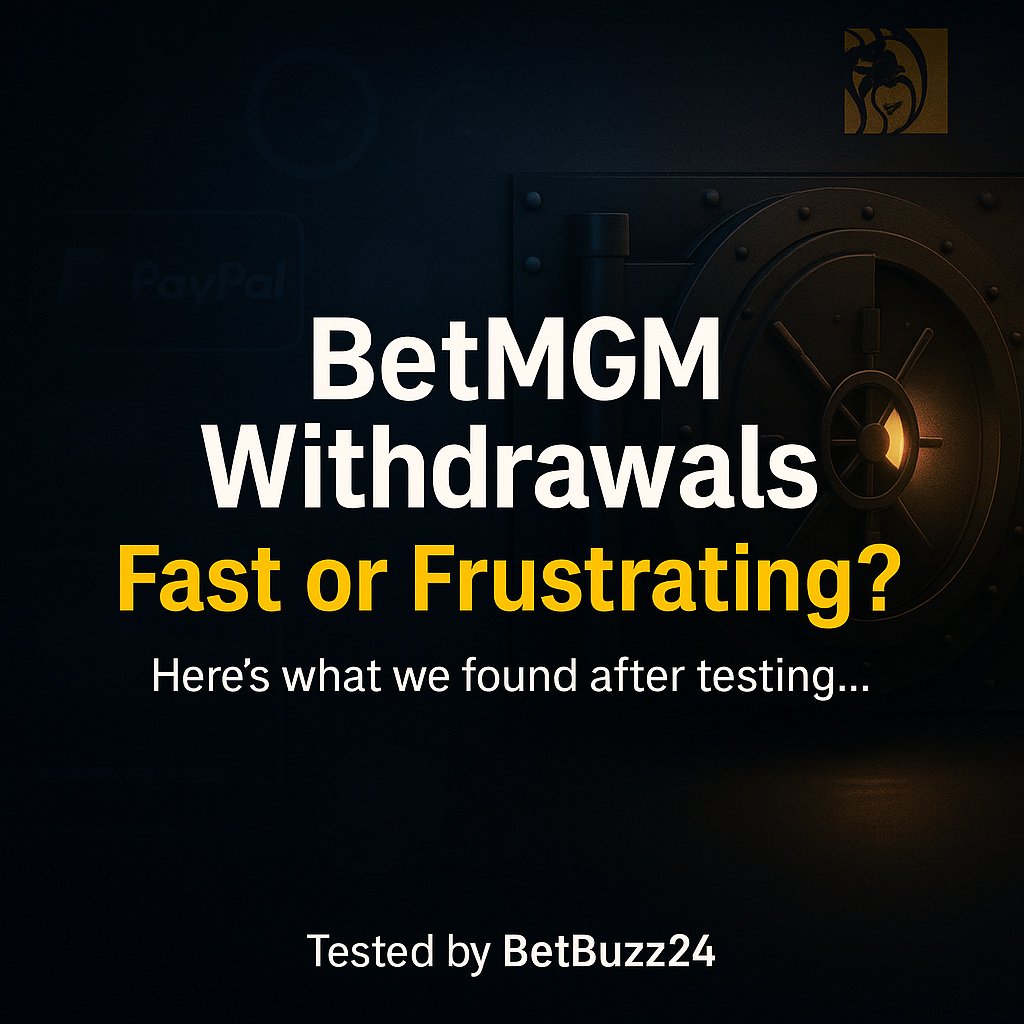 BetMGM withdrawal review image showing suspenseful vault door with glowing money light, clocks, and payment icons symbolizing payout delays, created by BetBuzz24