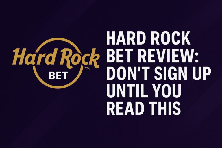 Feature image for Hard Rock Bet Review 2025 with suspense tagline “Don’t Sign Up Until You Read This” in bold text alongside Hard Rock Bet logo.