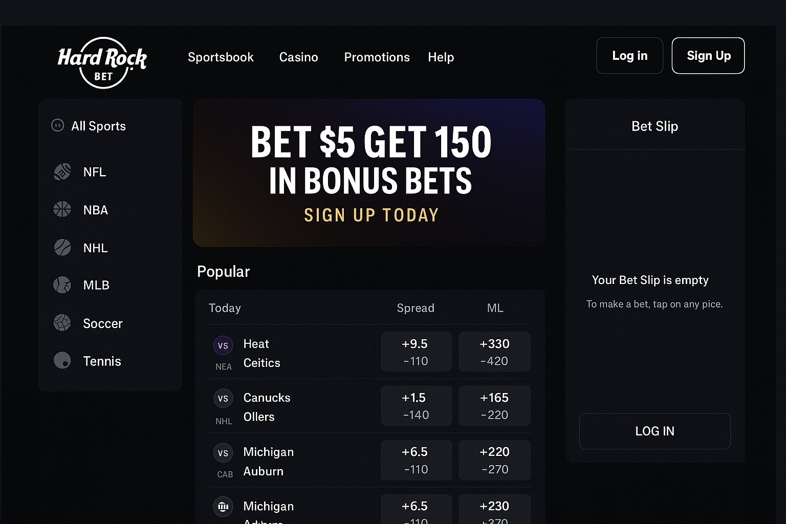 Hard Rock Bet Website Interface – Sportsbook Homepage Mockup