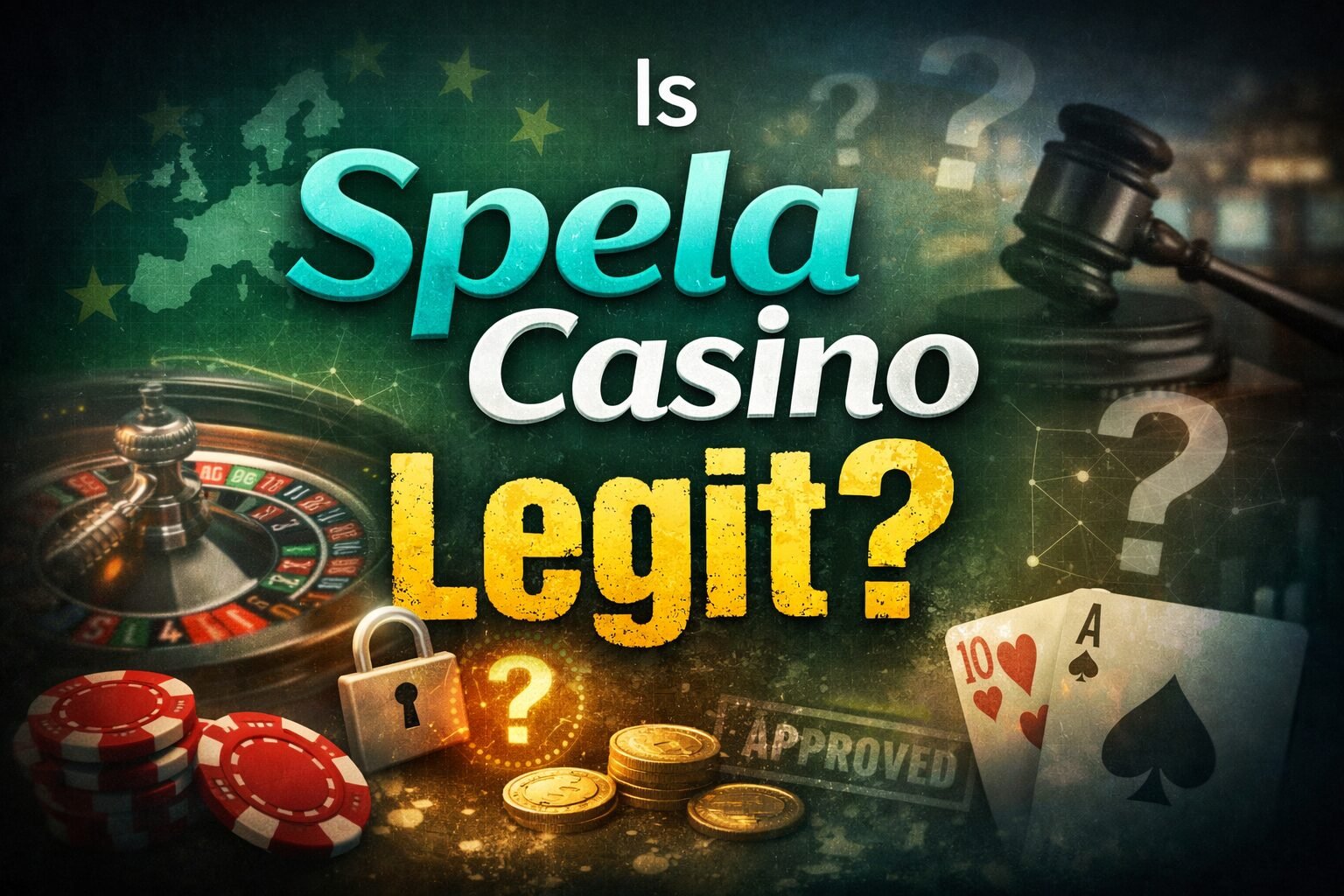 Question graphic asking whether Spela Casino is legit, with casino elements and symbols representing licensing, trust, and regulation