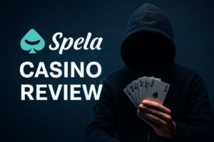 A mysterious digital graphic promoting the Spela Casino review, showing dark-toned background, glowing slot reels, and a shadowy casino entrance, symbolizing intrigue and caution.