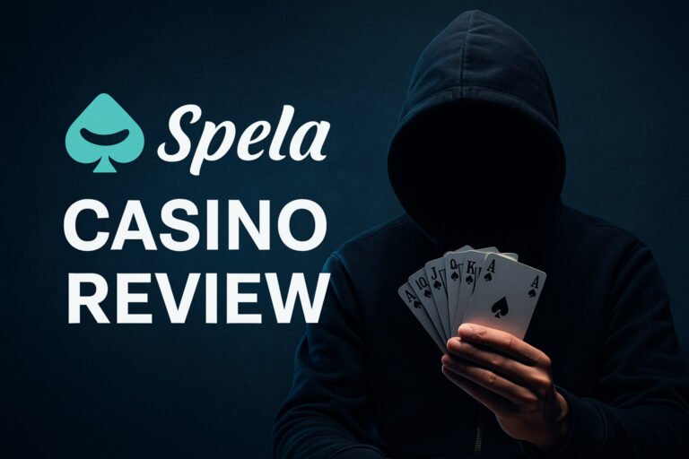 A mysterious digital graphic promoting the Spela Casino review, showing dark-toned background, glowing slot reels, and a shadowy casino entrance, symbolizing intrigue and caution.