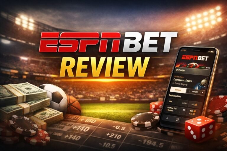 ESPN Bet Review feature image showing a smartphone with the ESPN Bet app, sports icons, betting slips, casino chips, and a stadium background, representing online sports betting insights.