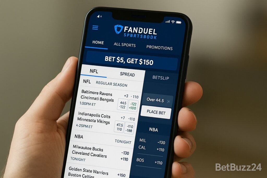 FanDuel Review 2025 image showing the sportsbook app interface with betting odds and BetBuzz24 branding.