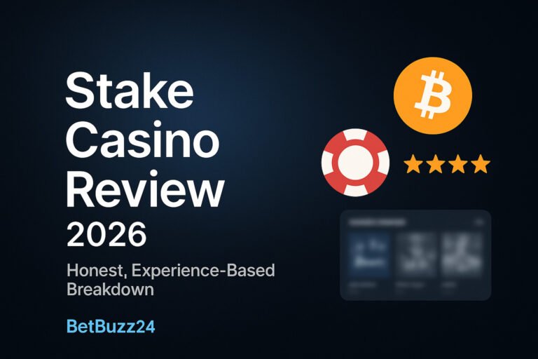Featured image showing the Stake Casino Review 2026 title with crypto and casino icons on a dark gradient background designed by BetBuzz24.