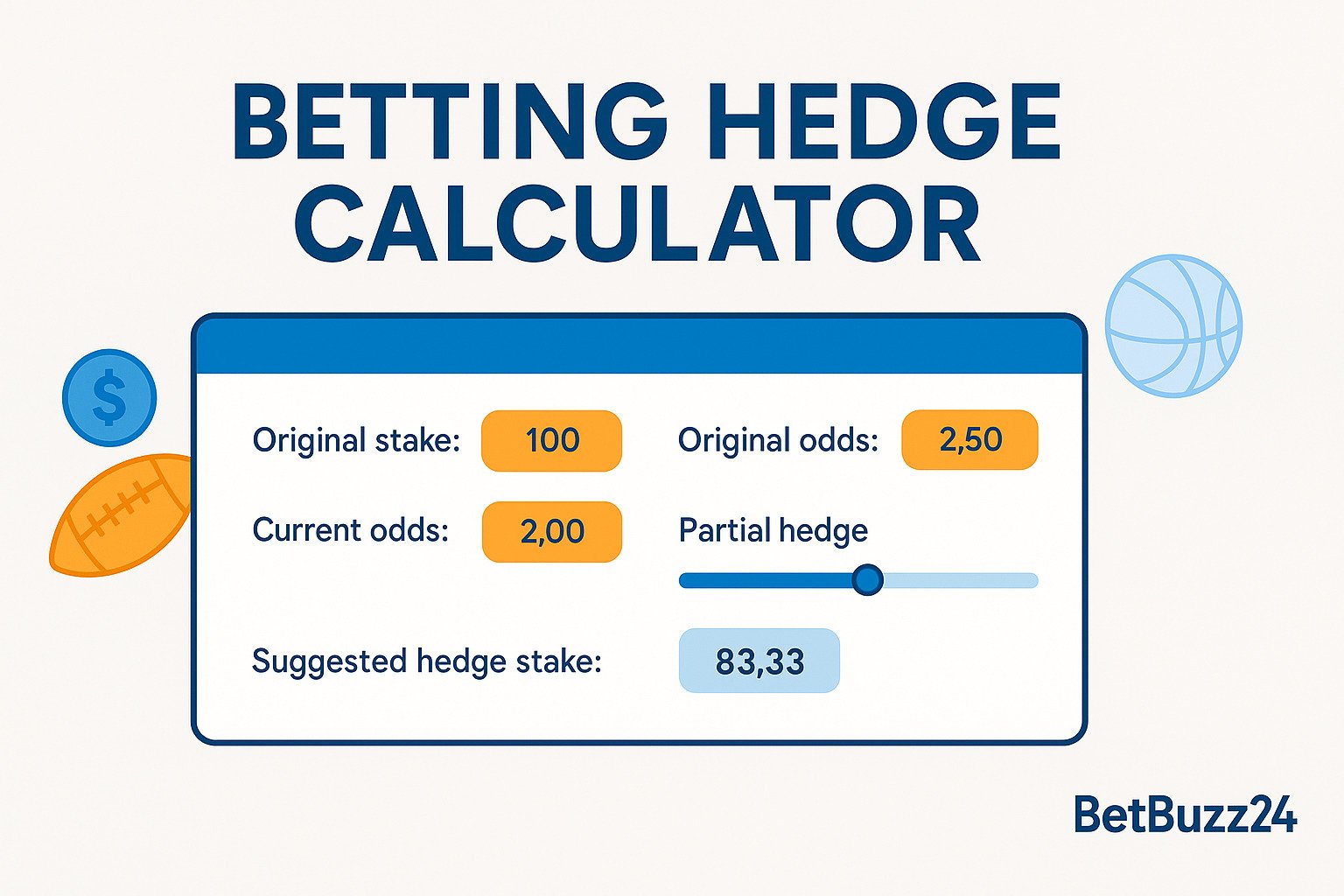 A horizontal digital illustration of a betting hedge calculator showing original stake, original odds, current odds, partial hedge slider, and suggested hedge stake, with subtle sports icons and BetBuzz24 branding.